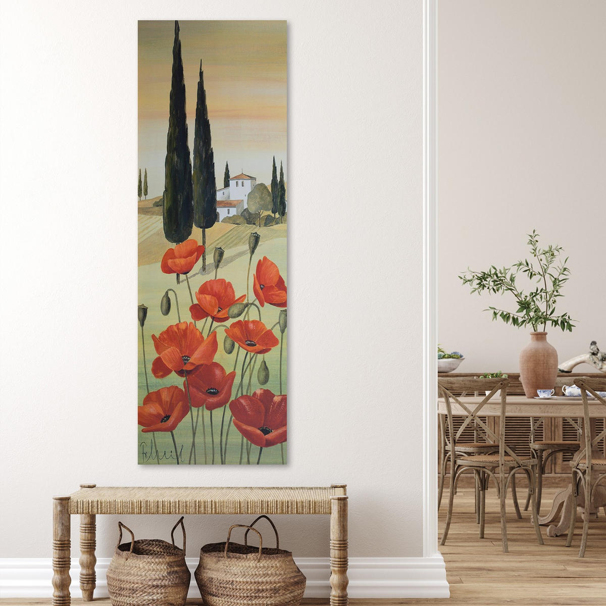 WANDBILD mohnblumen und haus im hintergrund - Grün, Textil (30/90cm) - Feeby