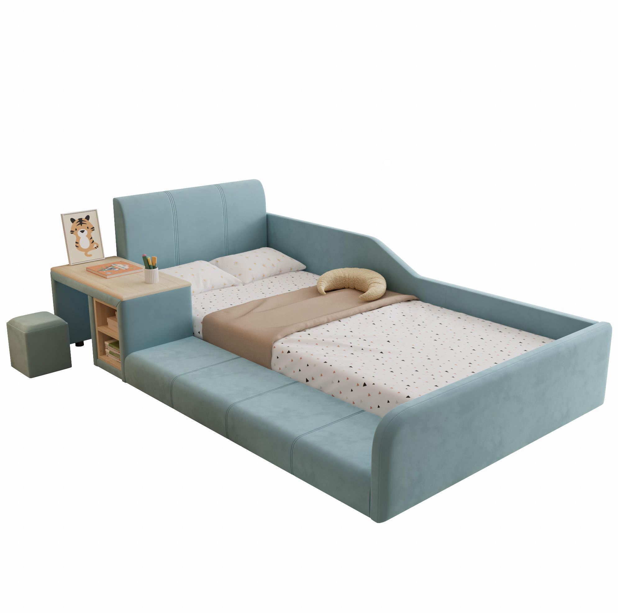 POLSTERBETT 90/200 cm aus Samt mit Schreibtisch und Hocker Blau/Naturfarben - Blau, Textil (90/200cm) - Modenvie