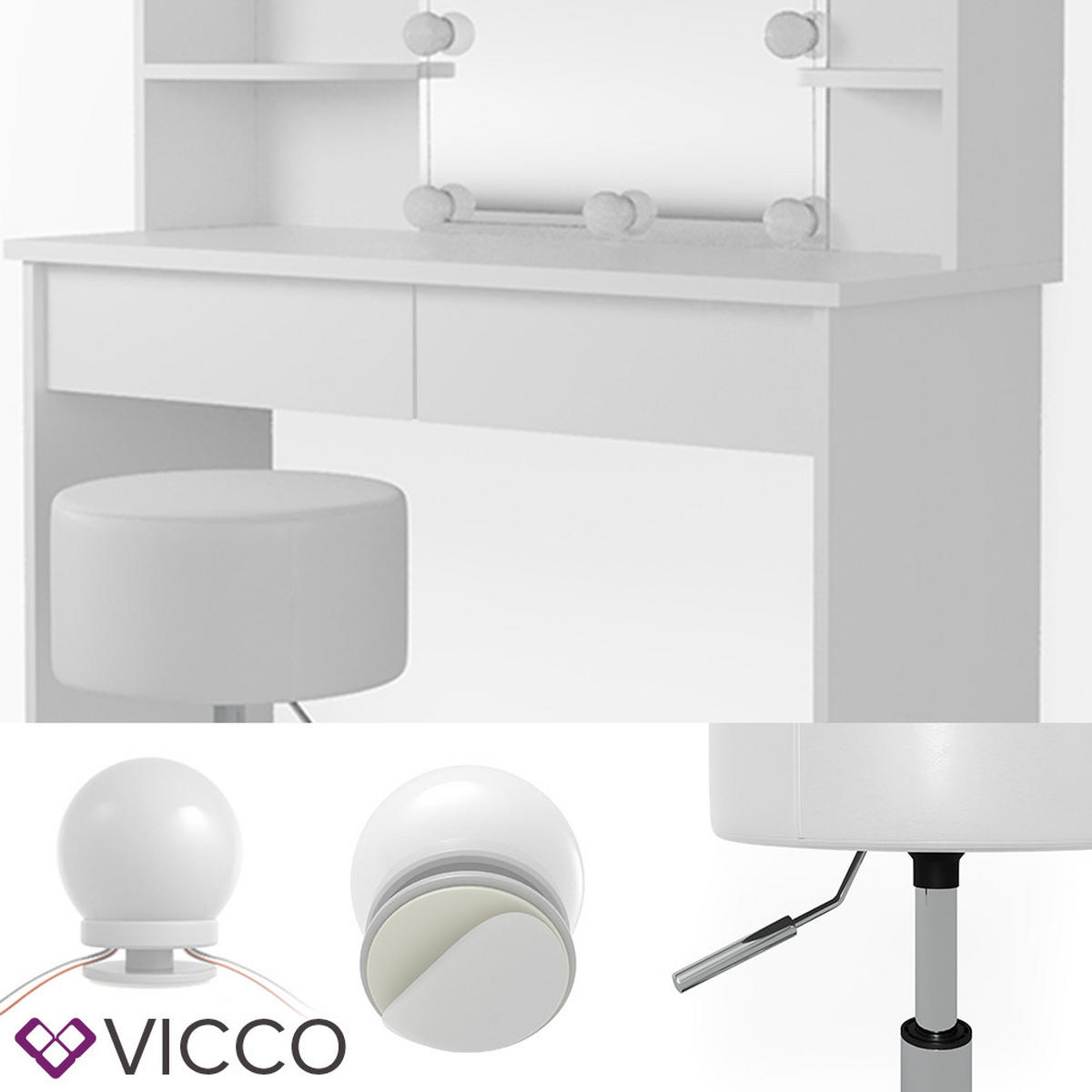 SCHMINKTISCH Charlotte Weiß 108 cm + LED und Hocker - Weiß, Holzwerkstoff (108/139/40cm) - Vicco