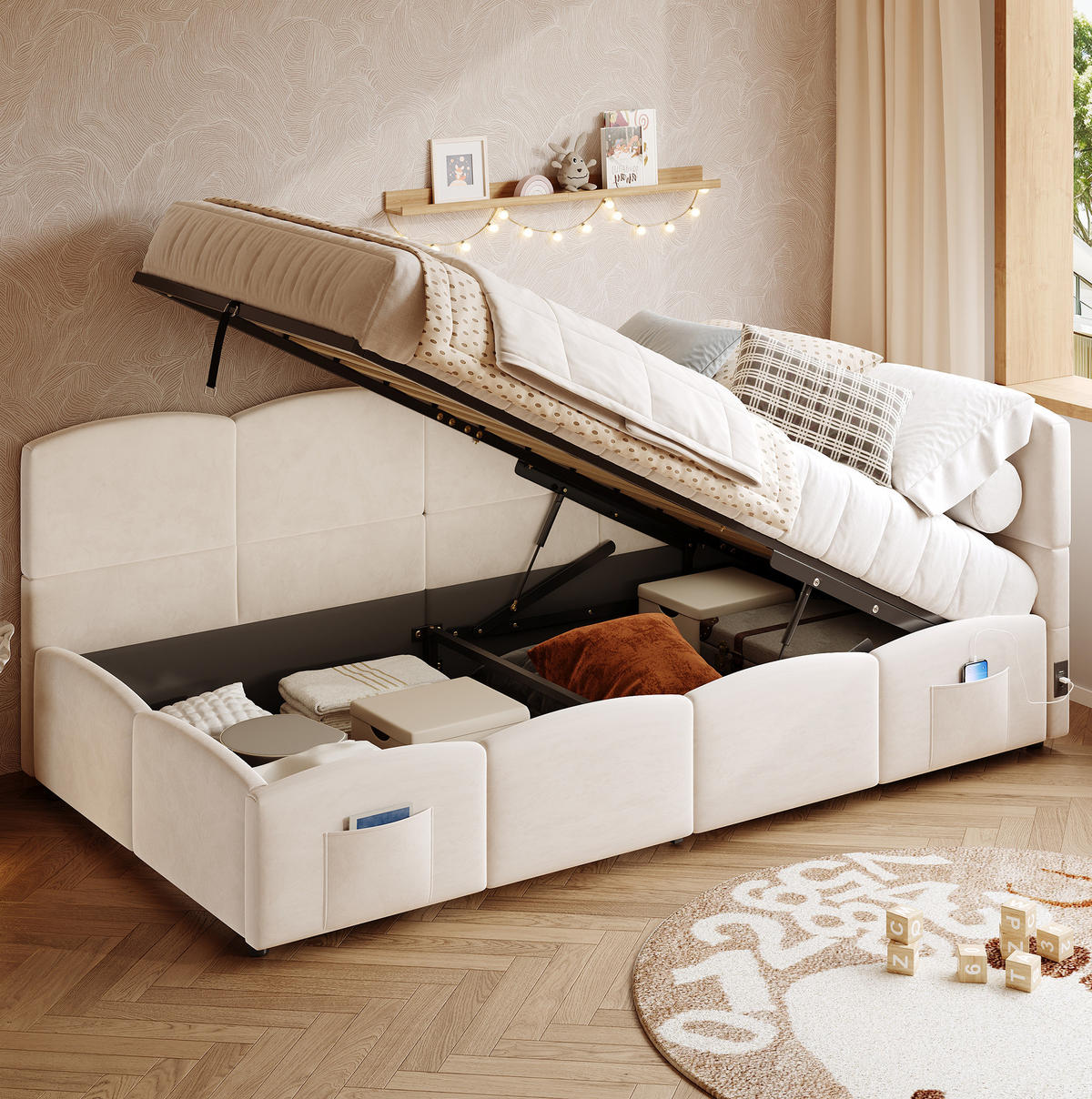 POLSTERBETT 90/200 cm aus Samt mit hydraulischem Stauraum und USB-Anschluss Beige - Beige, Textil (90/200cm) - Modenvie