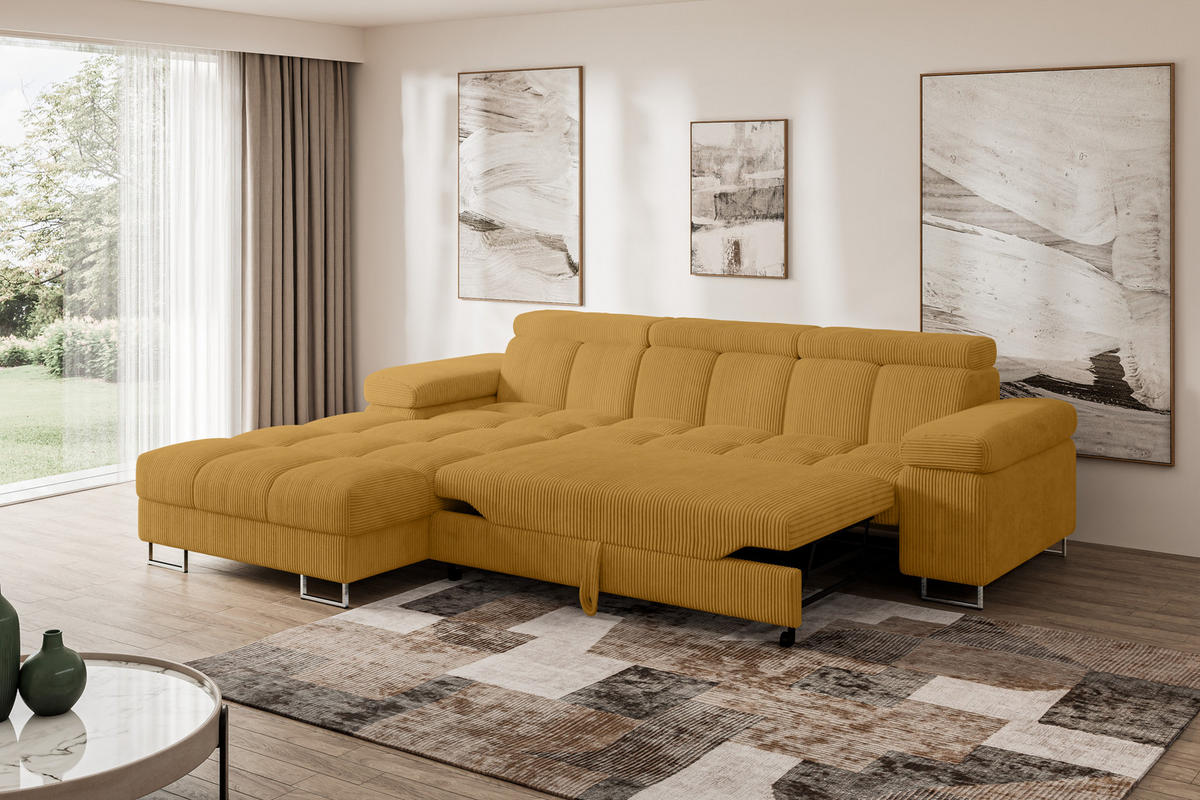 ECKSOFA mit Schlaffunktion Ottomane Links COMA L 271x203x79 Senfgelb Cord - Honig, Holzwerkstoff/Textil (271/203cm) - ALTDECOR