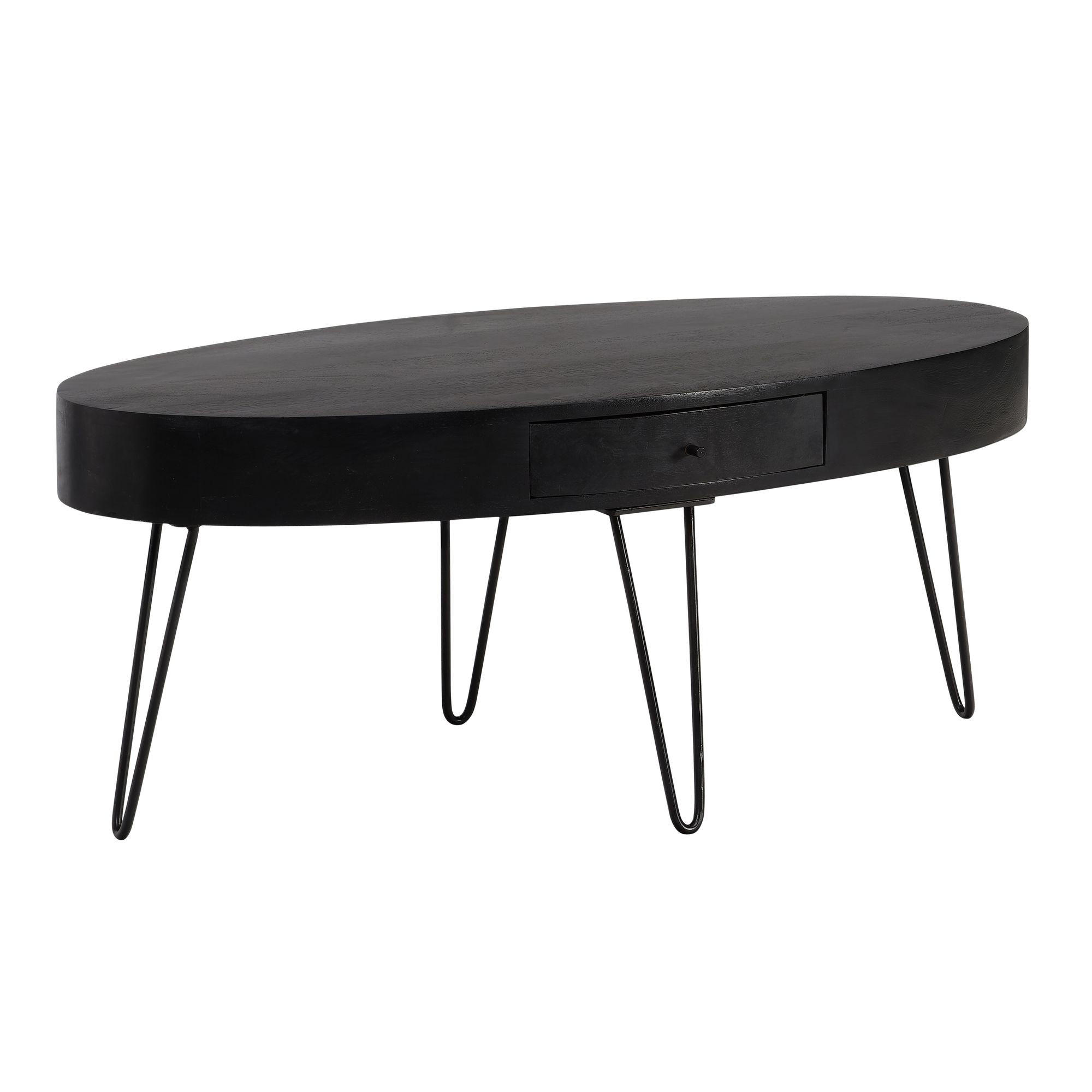 COUCHTISCH in Mango-Massivholz und Metall, 100x50x40 cm, Oval, mit Schublade, Stauraum und Haarnadelbeinen - Schwarz, Holz/Metall (50/100/40cm) - KADIMA DESIGN