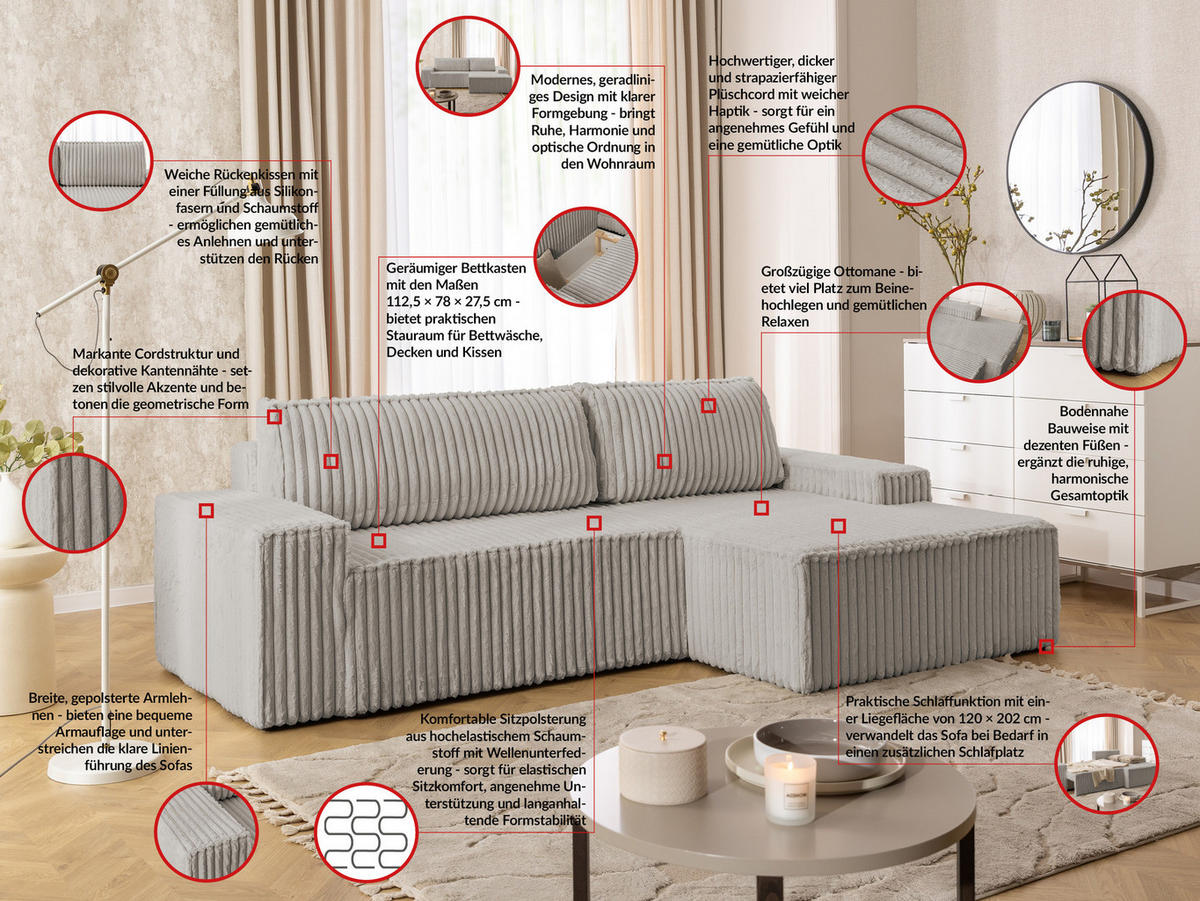 ECKSOFA Rivio mit Schlaffunktion und Bettkasten, Plüschcord Hellgrau - Hellgrau/Schwarz, Holz/Kunststoff (262/149cm) - S-Style