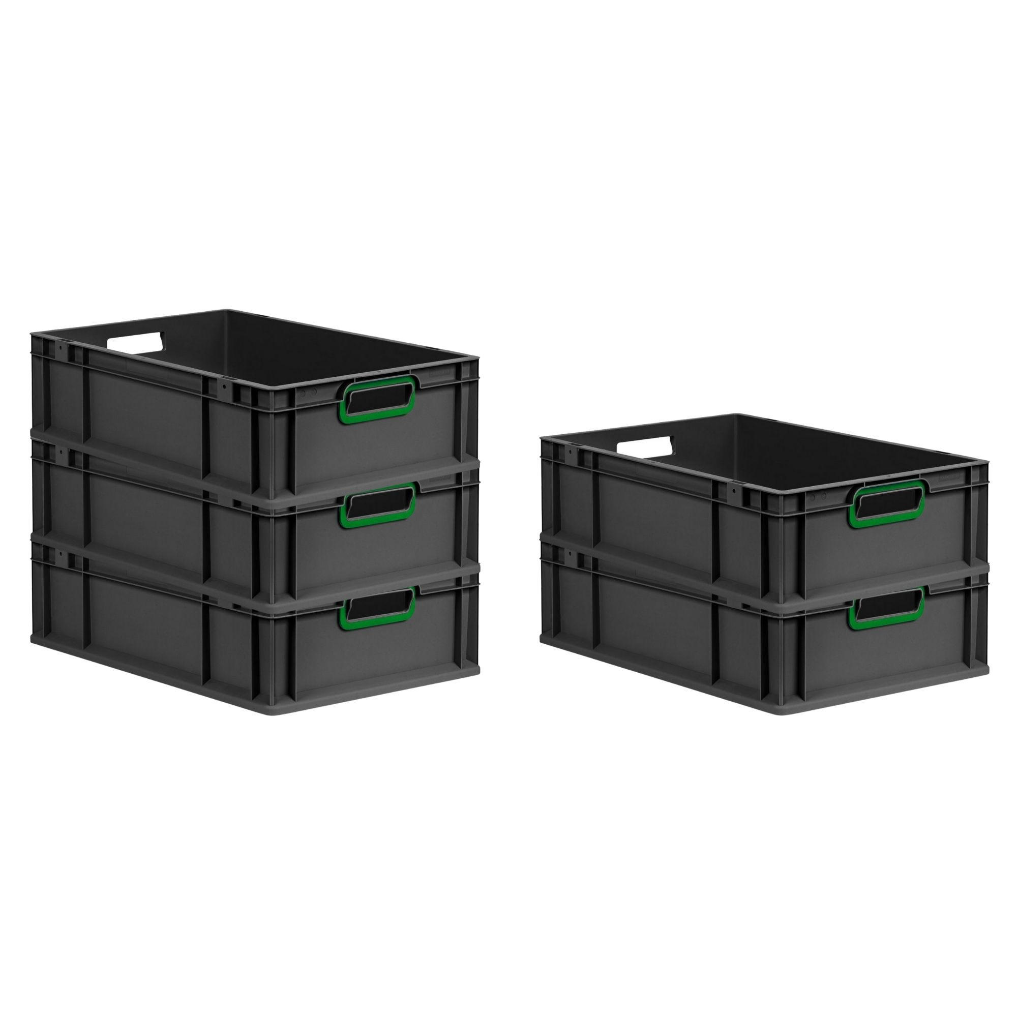 EUROBOX 5x NextGen Color 17x40x60 cm 34 Liter Griffe grün offen, Schwarz - Schwarz/Grün, Kunststoff (40/17/60cm) - PROREGAL