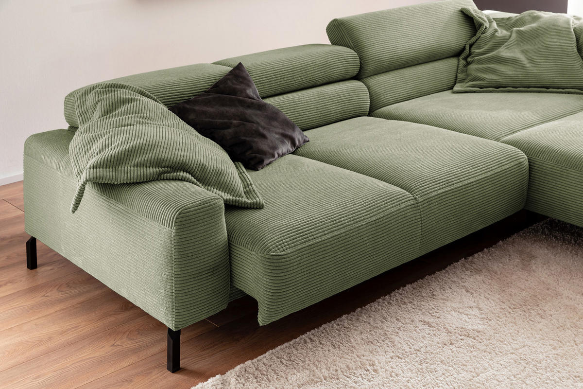 ECKSOFA MIT MOTORISCHEM SITZVORZUG DELIA Grün Cord - Schwarz/Grün, Textil/Metall (312/219cm) - KAWOLA