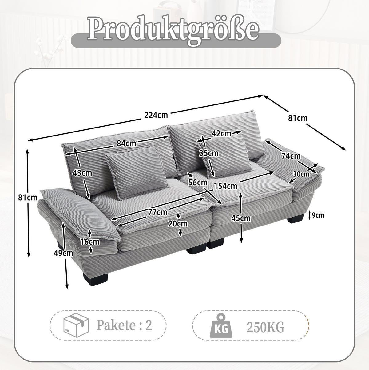 2-SITZER Sofa Samt mit extra tiefem Sitz und Kissen 224/81/81 cm Hellgrau - Hellgrau, Textil (81/224/81cm) - Redom