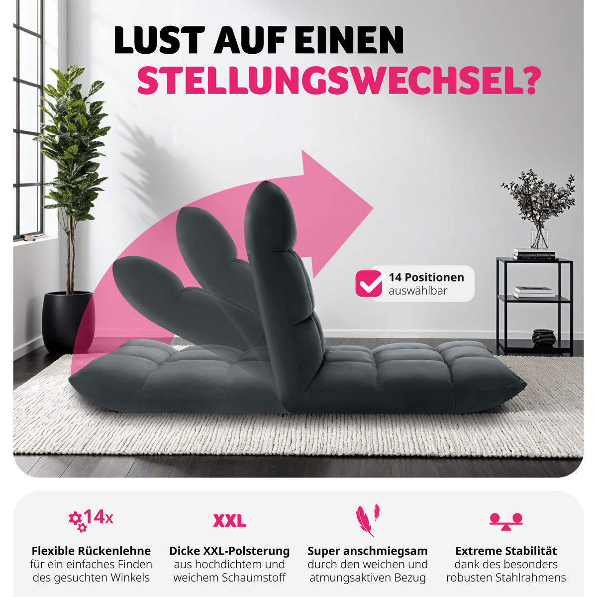 RELAXSESSEL Snooze ,108 x 57 x 13,5 cm,grau - Grau, Textil (57/13.5/108cm) - tectake