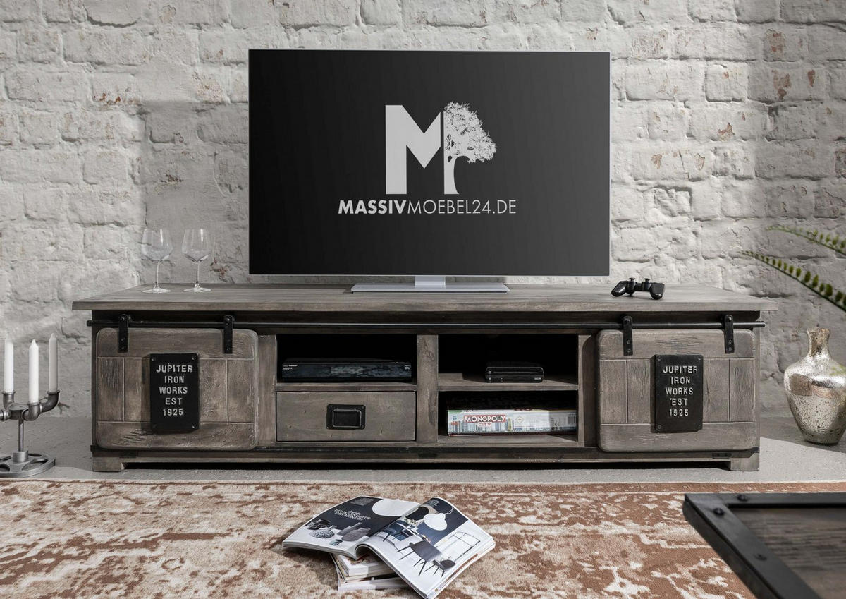 TV-BOARD Mango 200x55x50 grau lackiert RAILWAY #251 - Grau, Holz (200/50/55cm) - Massivmoebel24