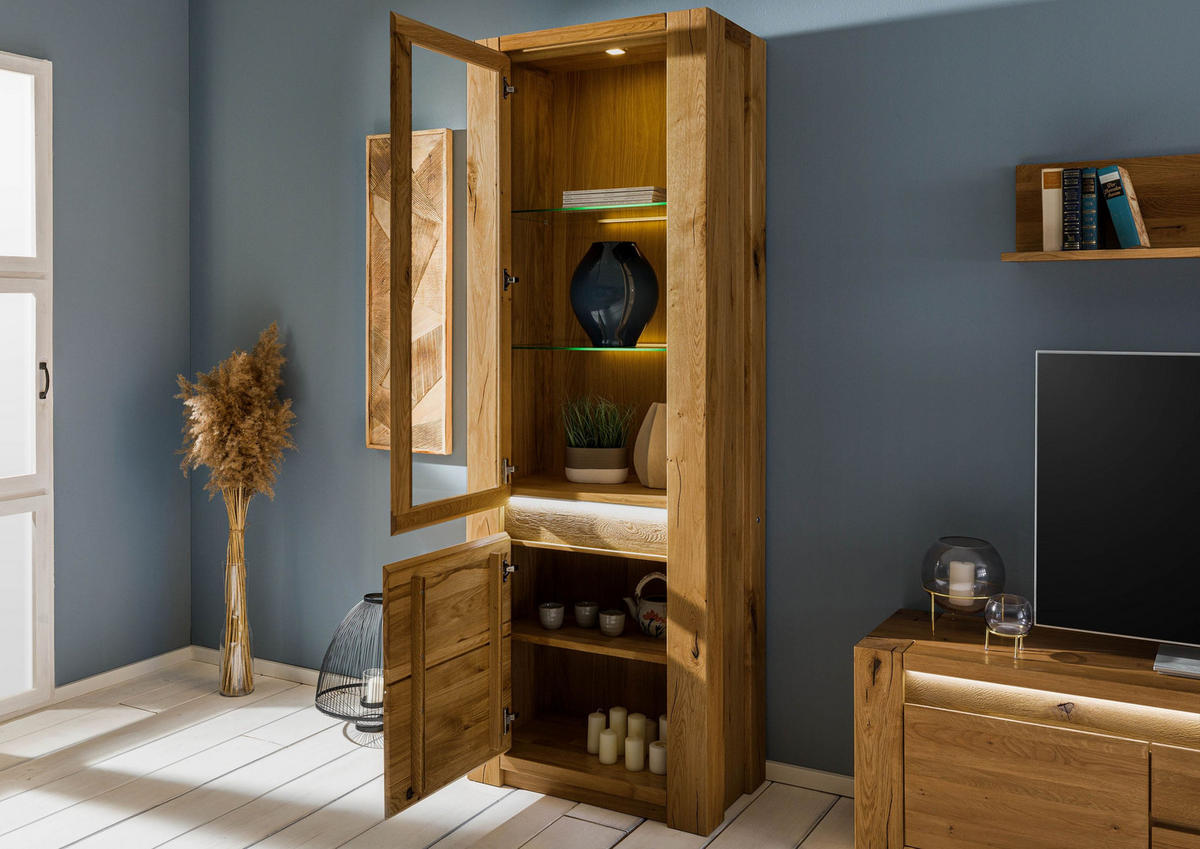VITRINE Wildeiche 73x40x205 braun geölt KENT #301 - Dunkelbraun, Holz (73/205/40cm) - Massivmoebel24