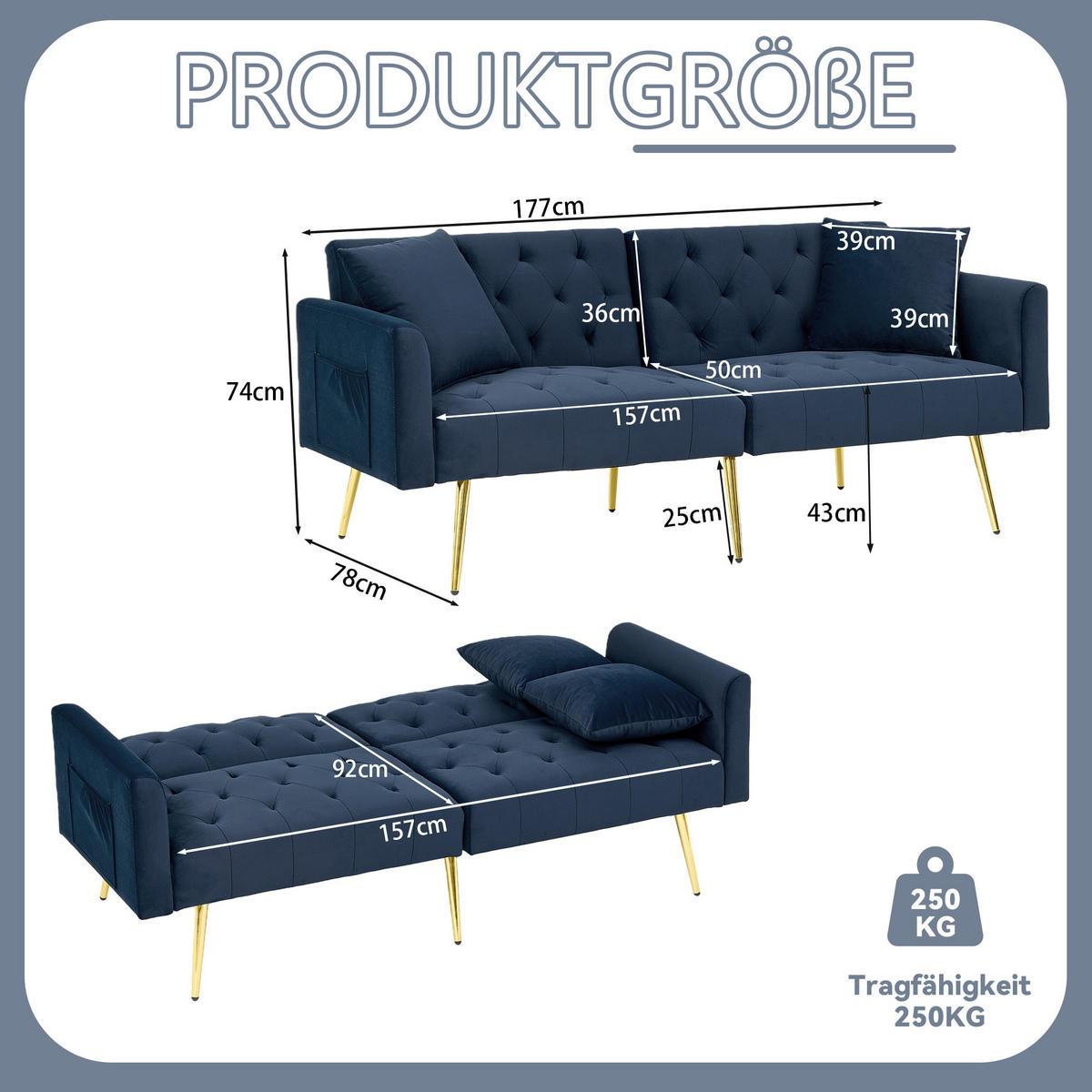 SCHLAFSOFA 177/78/74 cm in Blue Samt mit Aufbewahrungstasche - Blau, Textil (78/74/177cm) - Oxeza