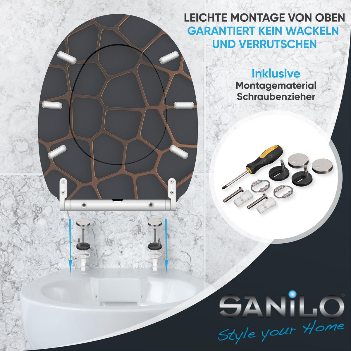 WC-SITZ mit Absenkautomatik & Top Fix Mesh - Schwarz, Holzwerkstoff (37.7/5.5/48cm) - Sanilo