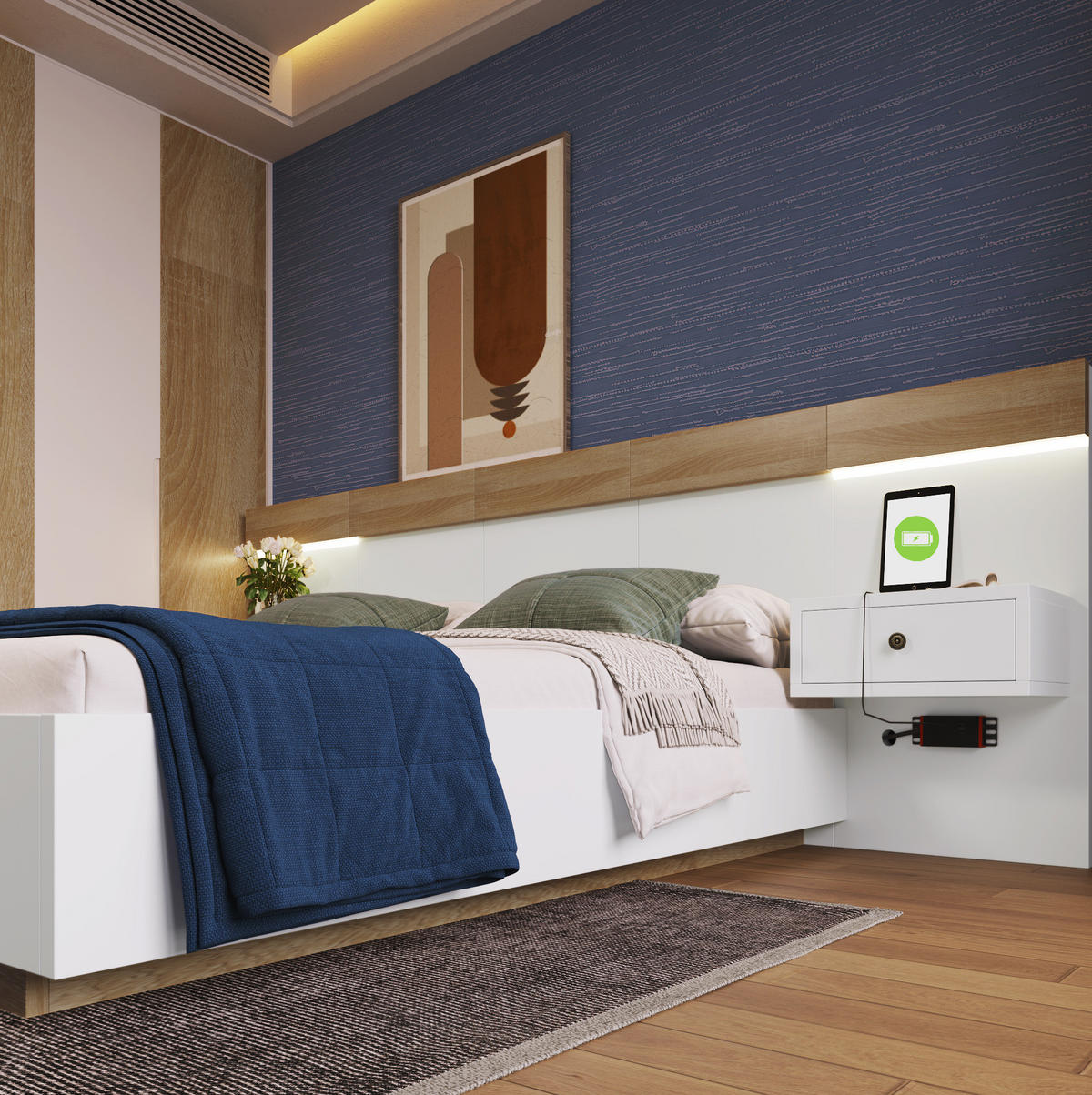 POLSTERBETT 180/200 cm Weiß/Sonoma-Eiche mit LED-Nachtkommoden und USB- und Type-C-Anschlüssen - Weiß, Holzwerkstoff (180/200cm) - Flora Grace