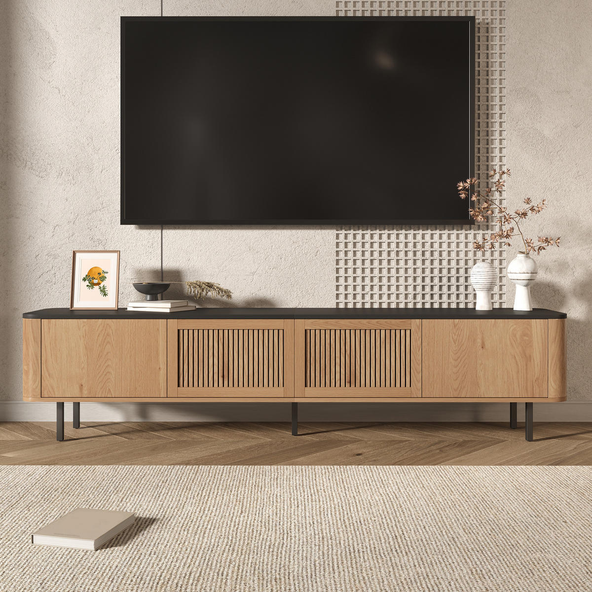 TV-SCHRANK 190/35/45 cm Eiche Schwarz mit Gittertüren und Metallfüßen - Eichefarben, Holzwerkstoff/Metall (190/45/35cm) - Oxeza