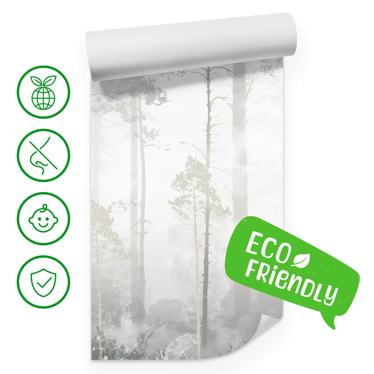 FOTOTAPETE für Schlafzimmer Nebliger Wald Bäume Sträucher Mystik 300x210 - Beige/Weiß, Papier (300/210cm) - Muralo