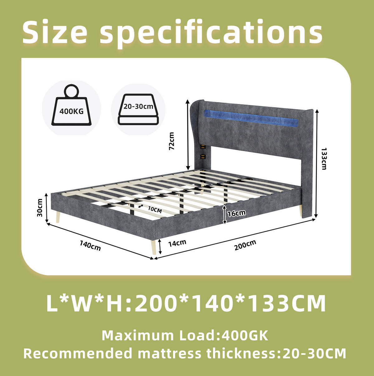 POLSTERBETT aus Stoff und Metall 140x200 cm Grau mit verstellbarer Rückenlehne und LED-Beleuchtung - Grau, Textil (140/200cm) - IVMEU