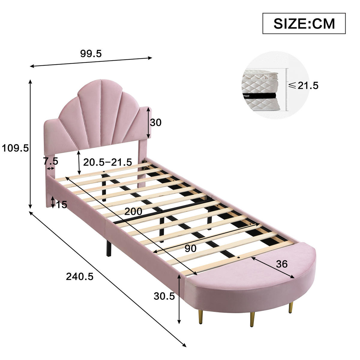 POLSTERBETT 90/200 cm Rosa mit Samtkopfteil und Bettbank - Rosa, Textil (90/200cm) - OKWISH