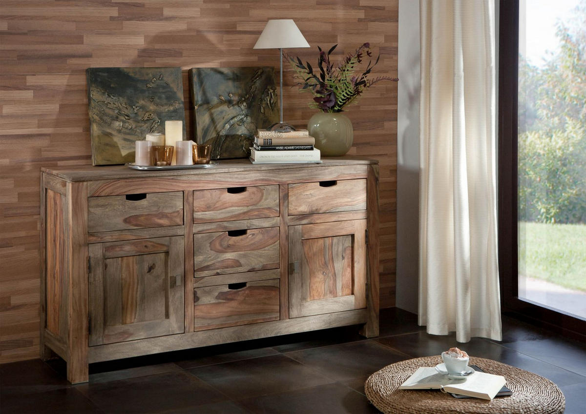 SIDEBOARD Sheesham 140x42x80 grau geölt NATURE GREY #80 - Grau, Holz (140/80/42cm) - Massivmoebel24