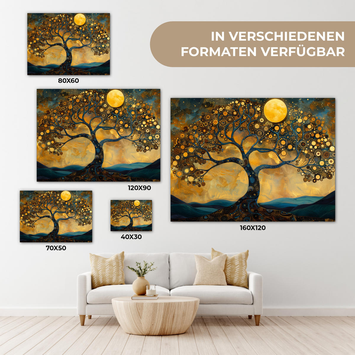 LEINWANDBILD Baum - Mond - Blumen - Gold - Kunst Wandbilder 80x60 cm - Orange, Textil (80/60cm) - MuchoWow