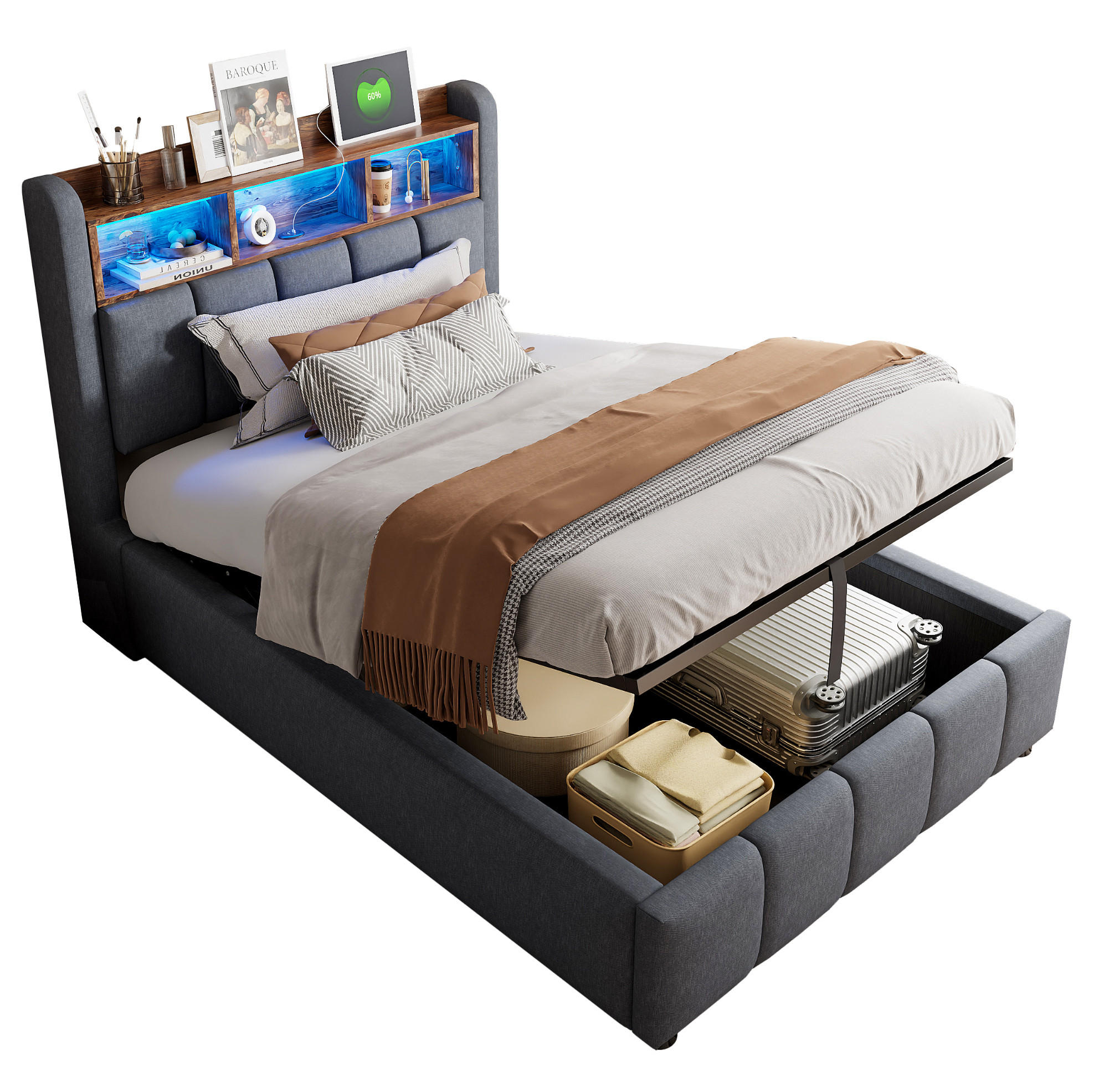 POLSTERBETT 90/200 cm Grau mit LED-Beleuchtung und USB- und Type-C-Anschlüssen - Grau, Textil (90/200cm) - Flora Grace