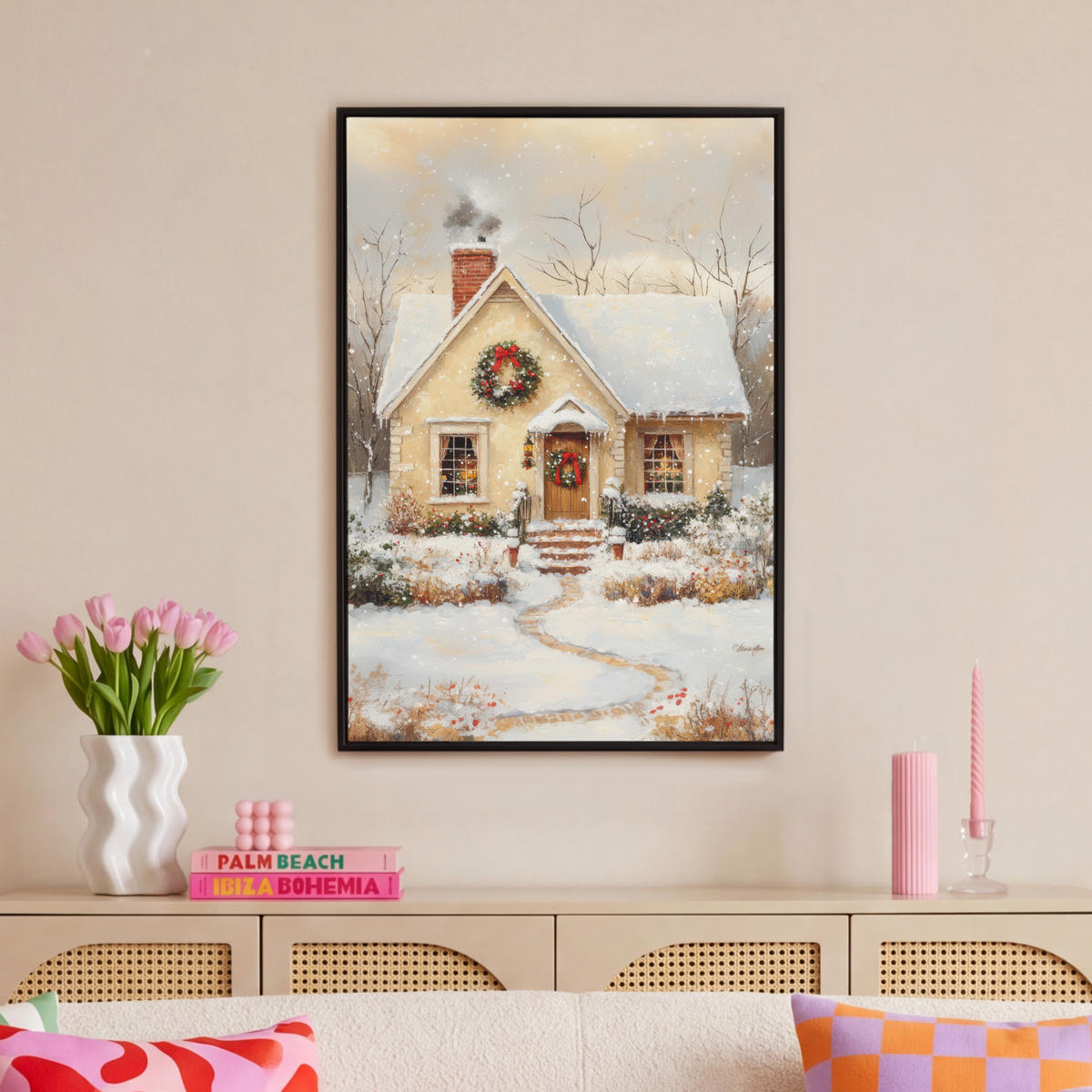 LEINWAND Bilder mit Rahmen - Weihnachten - Zuhause - Winter - Schnee - 60x90 - Creme, Textil (60/90cm) - MuchoWow