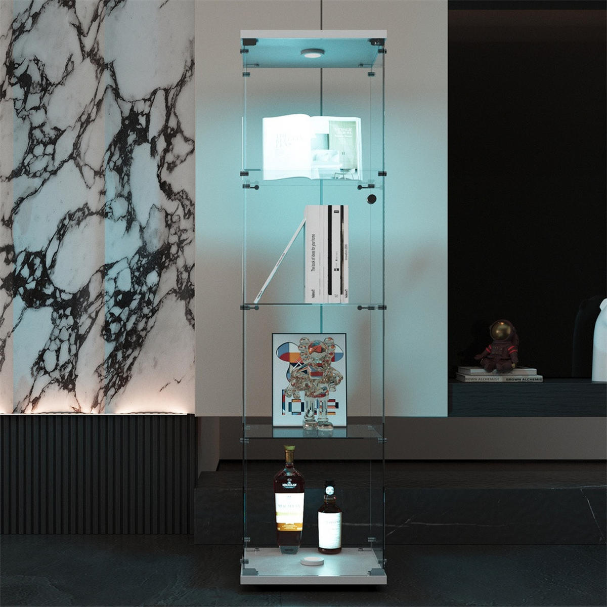 VITRINE mit LED Beleuchtung - Glaskvitrine mit 4 Ebenen und 1 Glastür - für Wohnzimmer und Büro - Weiß - Weiß, Glas (42.5/163.5/36.5cm) - DELFA