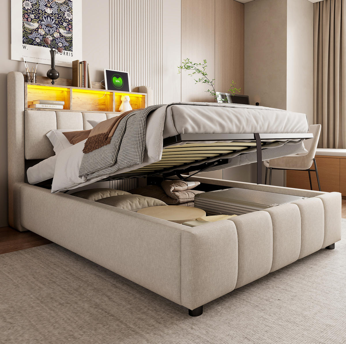 POLSTERBETT 90/200 cm mit Leinenbezug, LED-Beleuchtung, USB- und Type-C-Anschluss, Bettkasten und Kopfteil-Ablagen, Beige - Beige, Textil (90/200cm) - Redom
