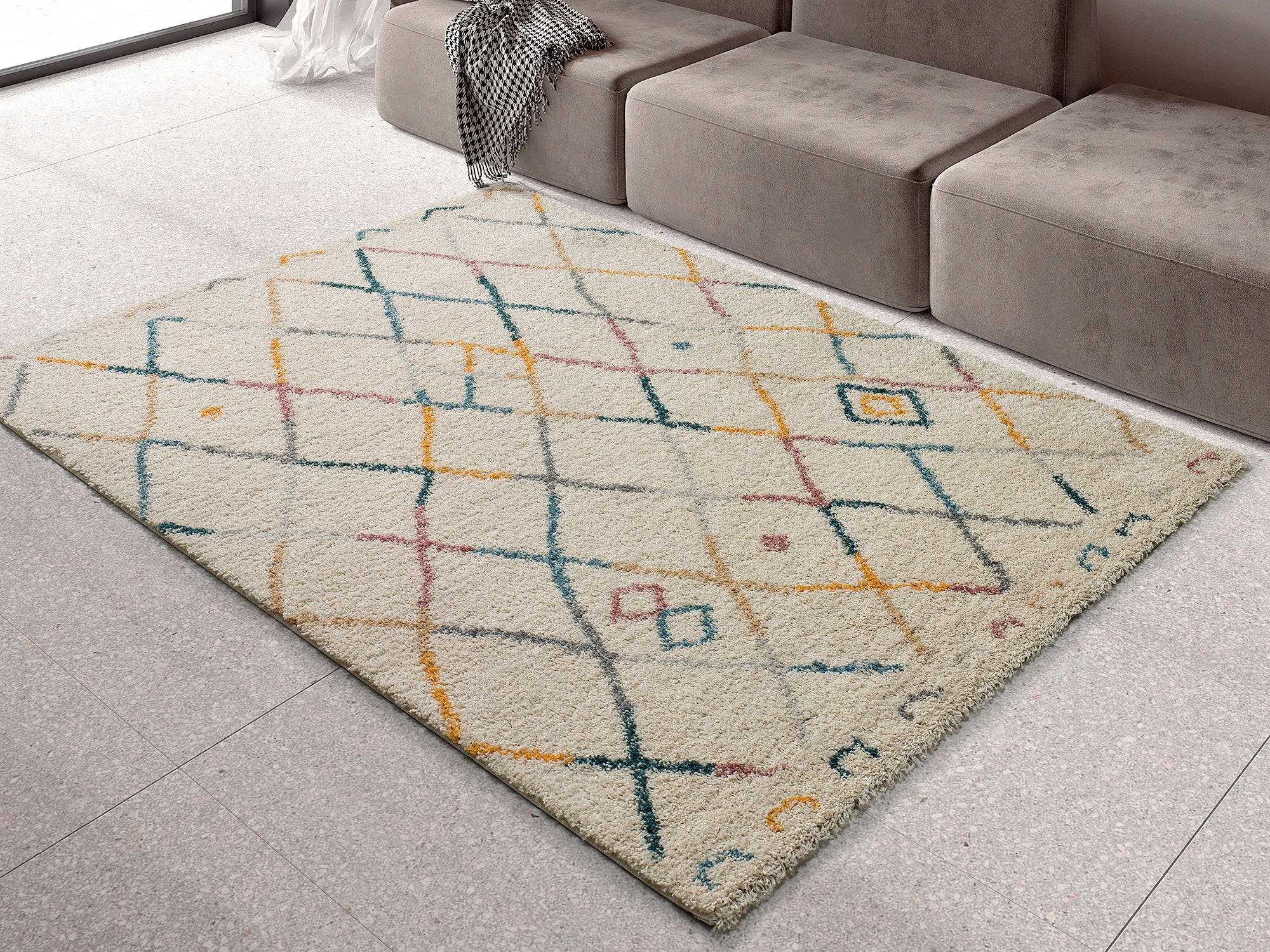 Thumbnail - Atticgo Hochflorteppich, Mehrfarbig, Weiß, Textil, Grafikmuster, Rechteckig, 133x190 cm, Oeko-Tex® Standard 100, in vers...