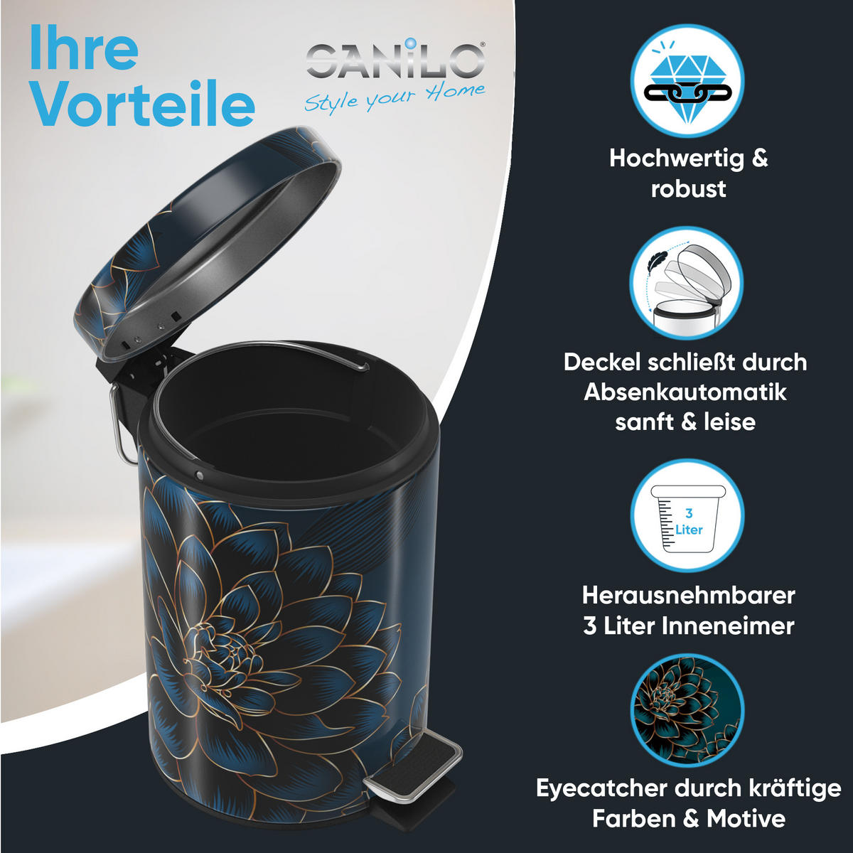 KOSMETIKEIMER Dahlien - Blau/Dunkelgrün, Kunststoff/Metall (17/25/25cm) - Sanilo