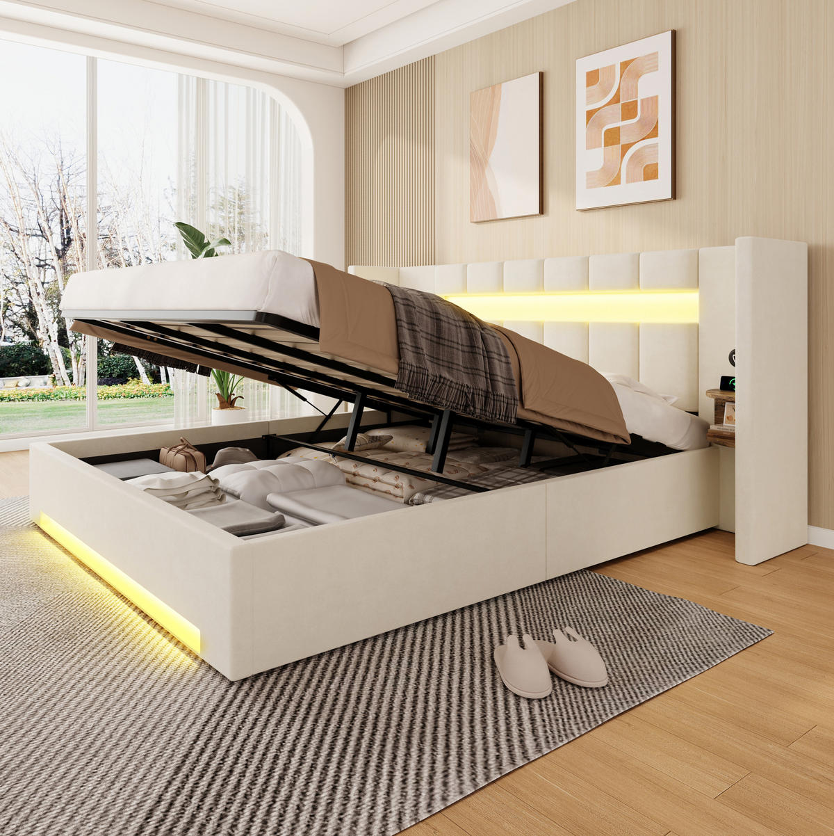 BETT mit USB, LED und Stauraum 180x200 cm Samt Beige - Beige, Metall (180/200cm) - Meubliv