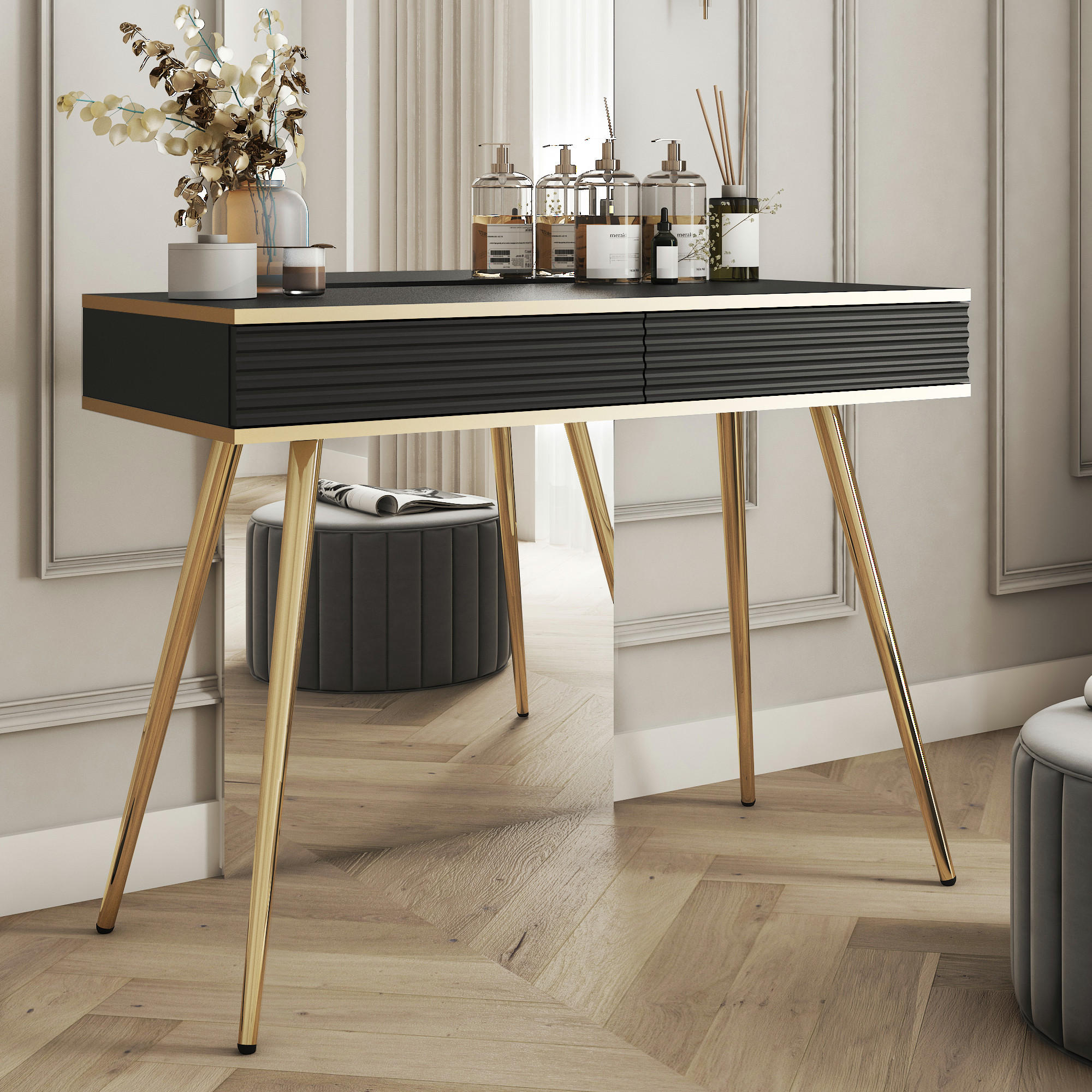 SCHMINKTISCH BANFF TOA2-2S Goldene Metallbeine, geriffelte Fronten, Schwarz - Schwarz, Holzwerkstoff/Kunststoff (102/80/50cm) - Komodee