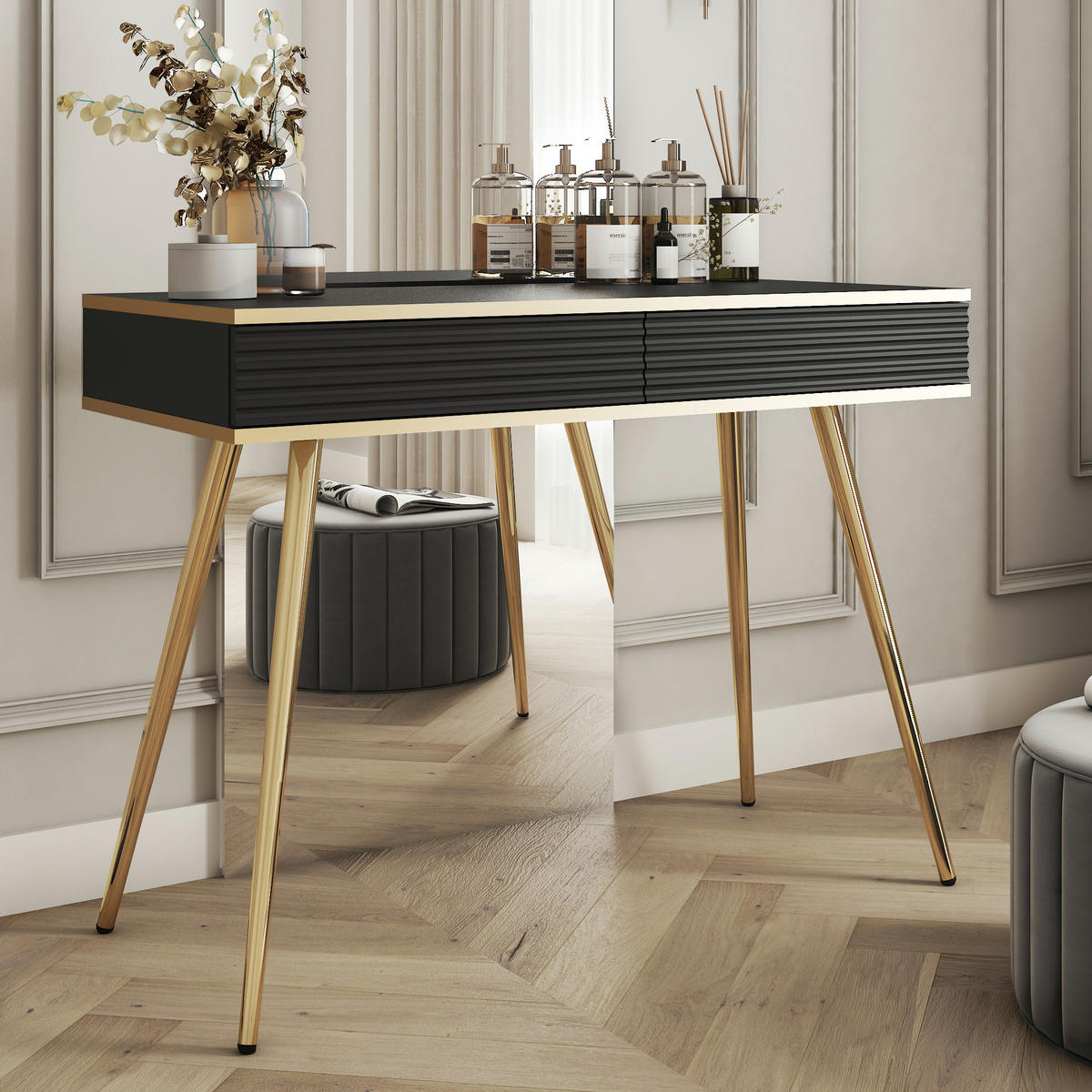 SCHMINKTISCH BANFF TOA2-2S Goldene Metallbeine, geriffelte Fronten, Schwarz - Schwarz, Holzwerkstoff/Kunststoff (102/80/50cm) - Komodee