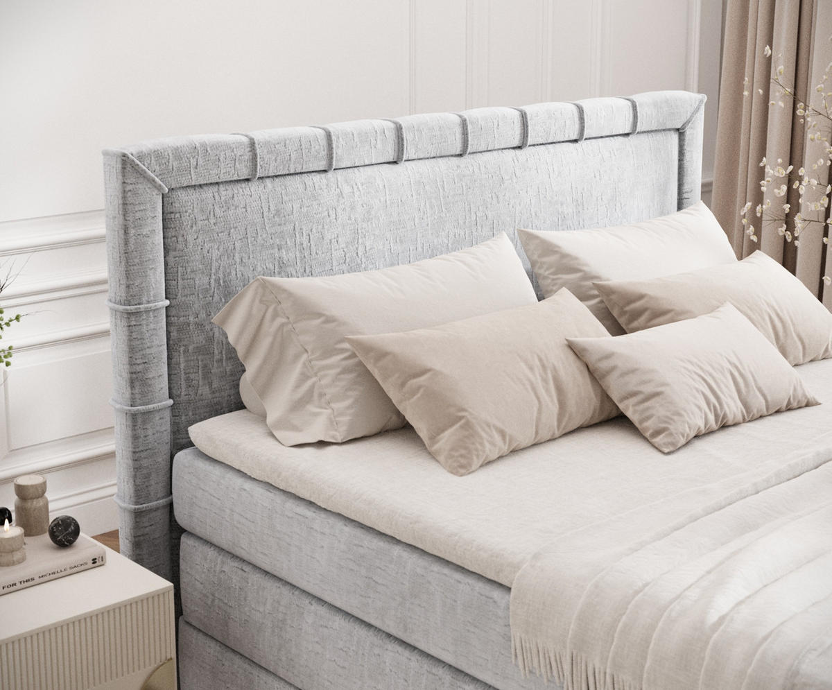 BOXBETT Estelle Hellgrau 200/200 cm im Chenille-Stoff - Hellgrau/Schwarz, Holz/Holzwerkstoff (200/200cm) - Maison de Reve