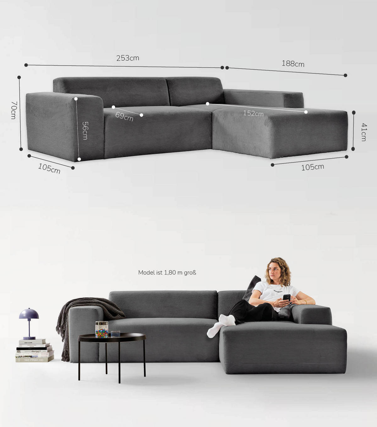 ECKSOFA Die Lässige Recamiere rechts - Anthrazit, Textil (253/188cm) - Mokebo