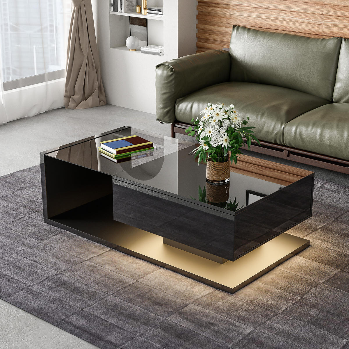 COUCHTISCH mit Ablagefach 105 x 55 cm Hochglanz Schwarz - Schwarz, Holzwerkstoff (105/55/32.5cm) - Meubliv