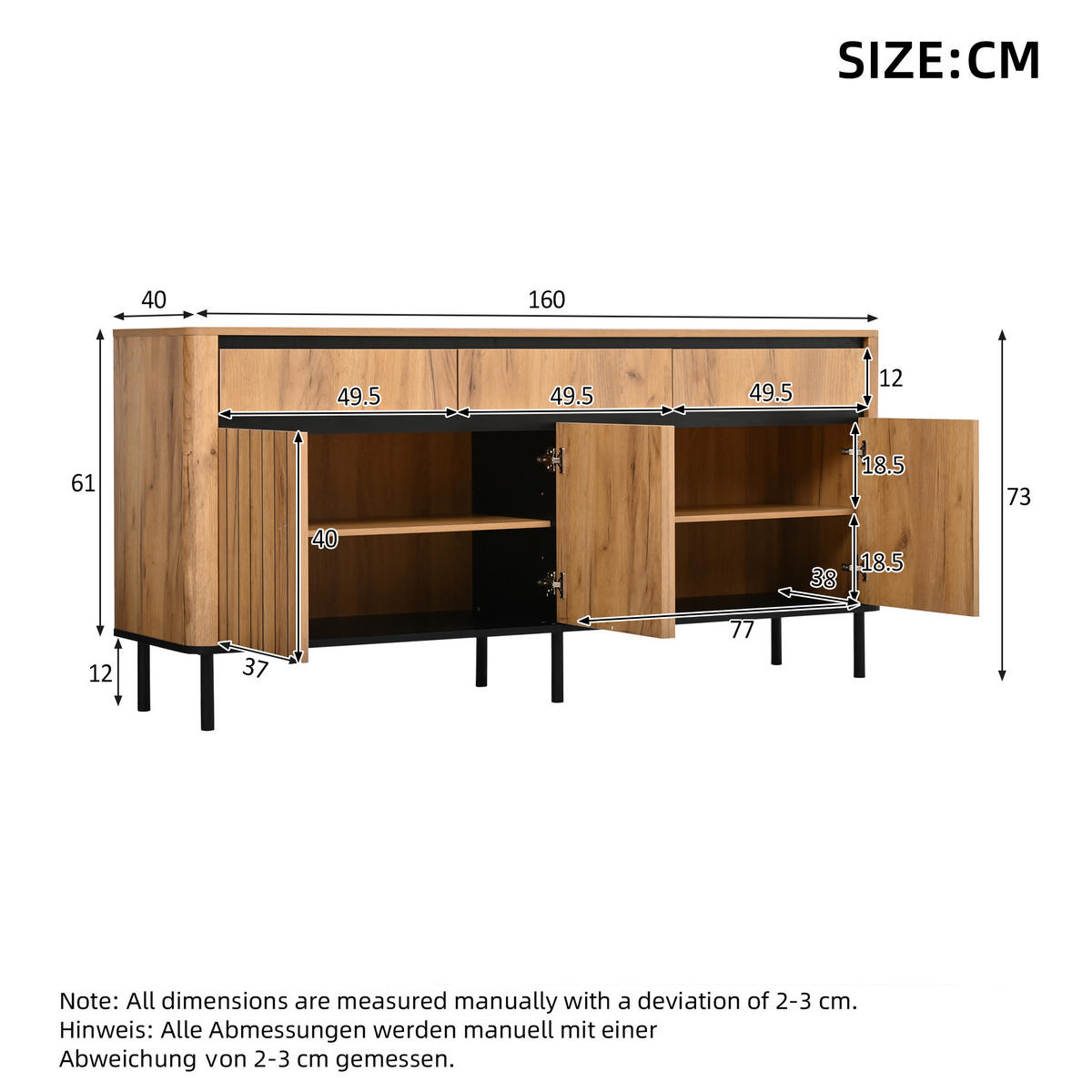 SIDEBOARD DE-37859 mit 3 Schubladen und 3 Lamellentüren Holzfarbe - Naturfarben, Holzwerkstoff (160/73/40cm) - ComfortXL
