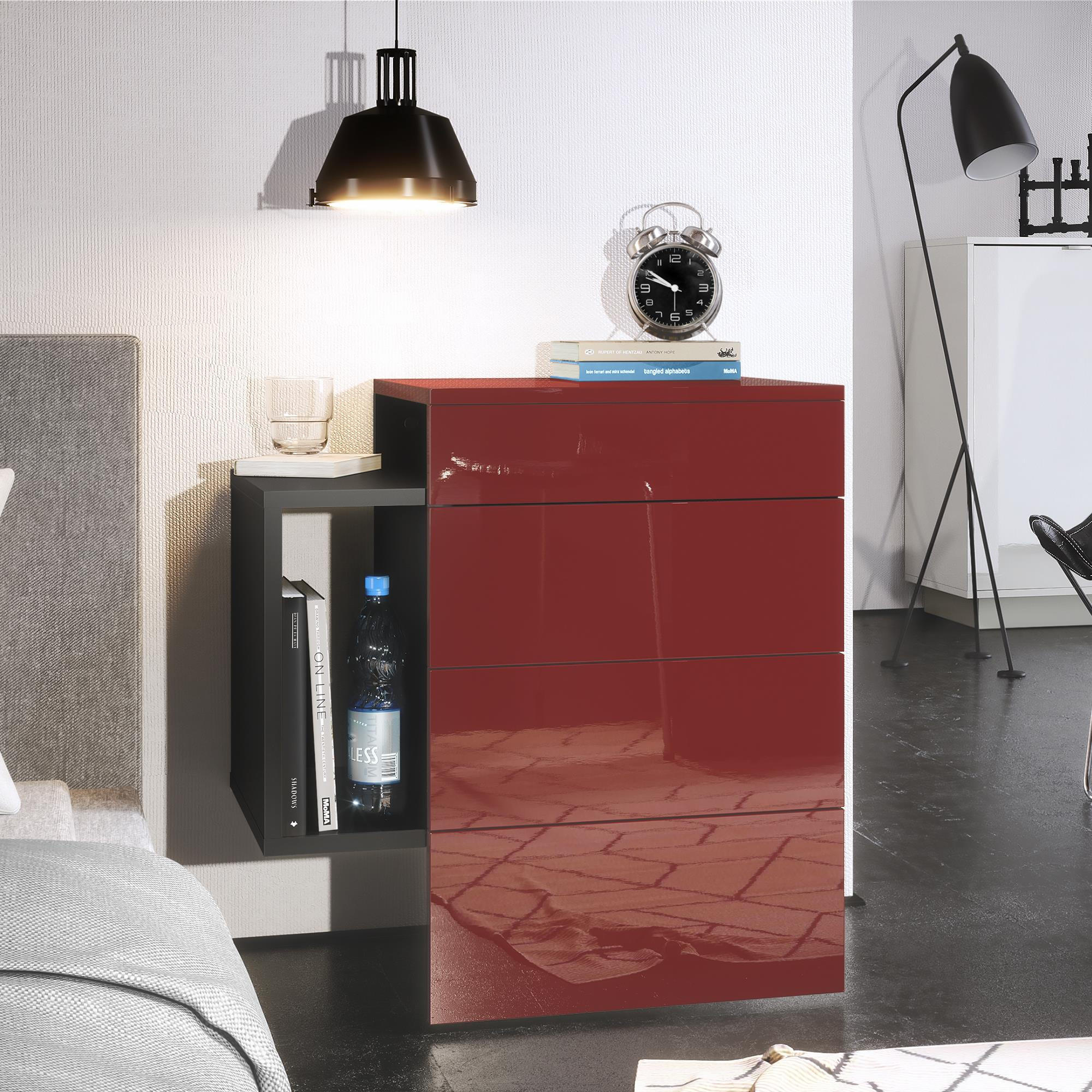 NACHTTISCH Queens Front in Bordeaux Hochglanz - Bordeaux, Holzwerkstoff (60/63/36cm) - Vladon