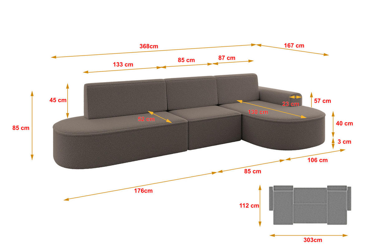 ECKSOFA mit Schlaffunktion Ottomane RECHTS MARI L2-S 368X167X85 Braun Bouclé - Schwarz/Braun, Holzwerkstoff/Kunststoff (167/368cm) - ALTDECOR