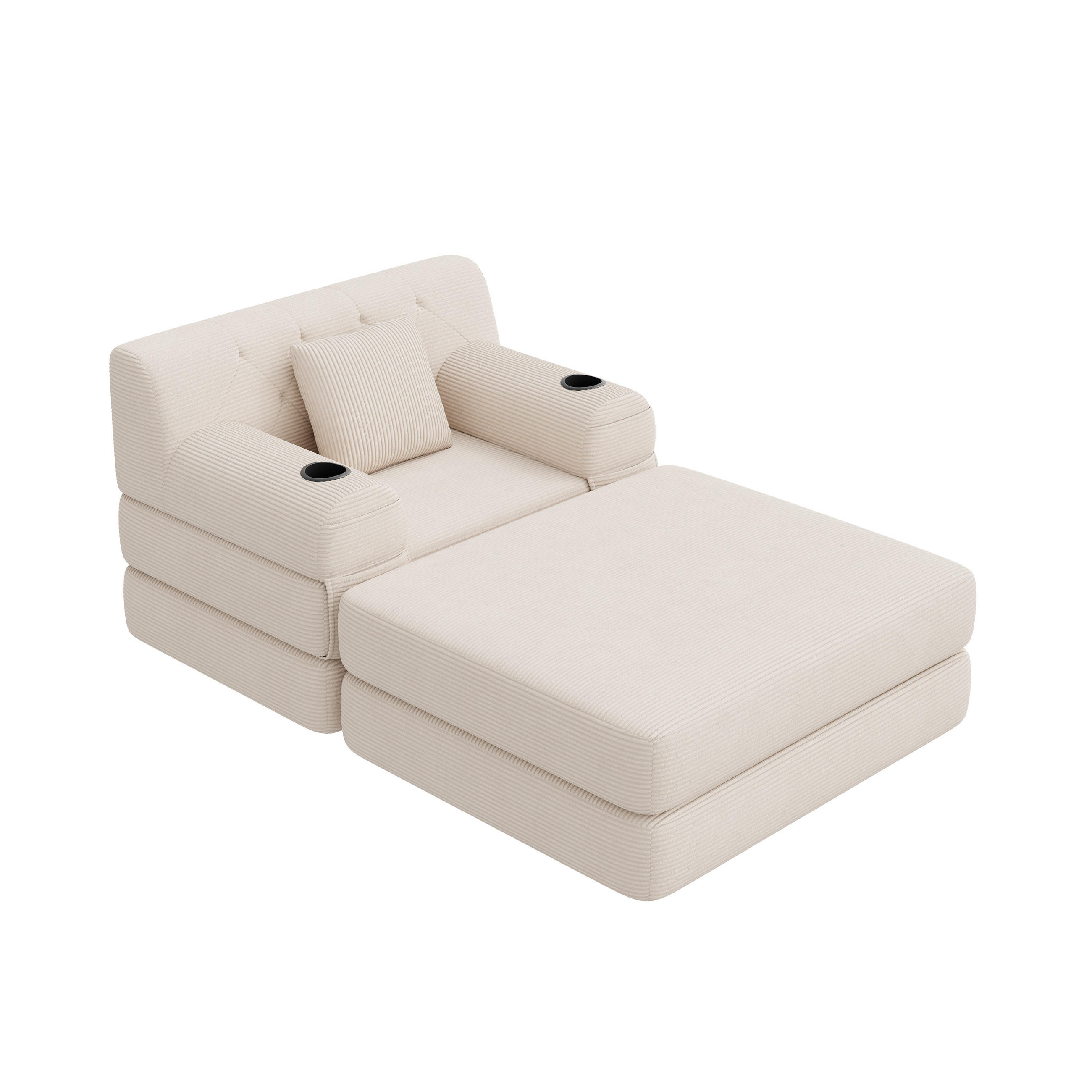 SCHLAFSOFA mit Hocker und Liegefunktion aus Cord mit Getränkehaltern und Seitentaschen in Beige - Beige, Textil (191/60/162cm) - EVRYAE