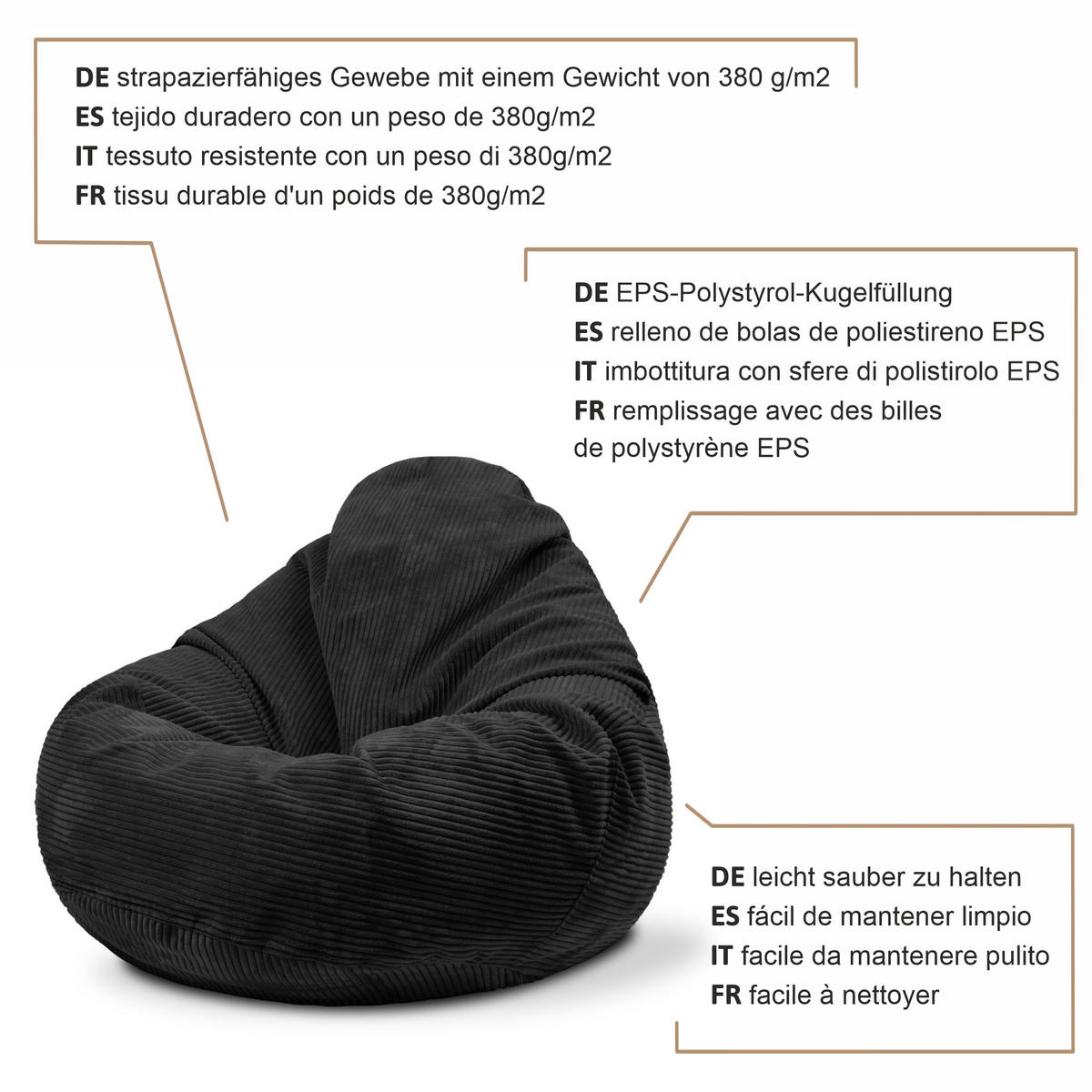 SITZSACK PARADISE MIT FUßSTÜTZE Kordsamt 2-tlg Black Beauty S - Schwarz, Textil (70/70/70cm) - Dreamroots