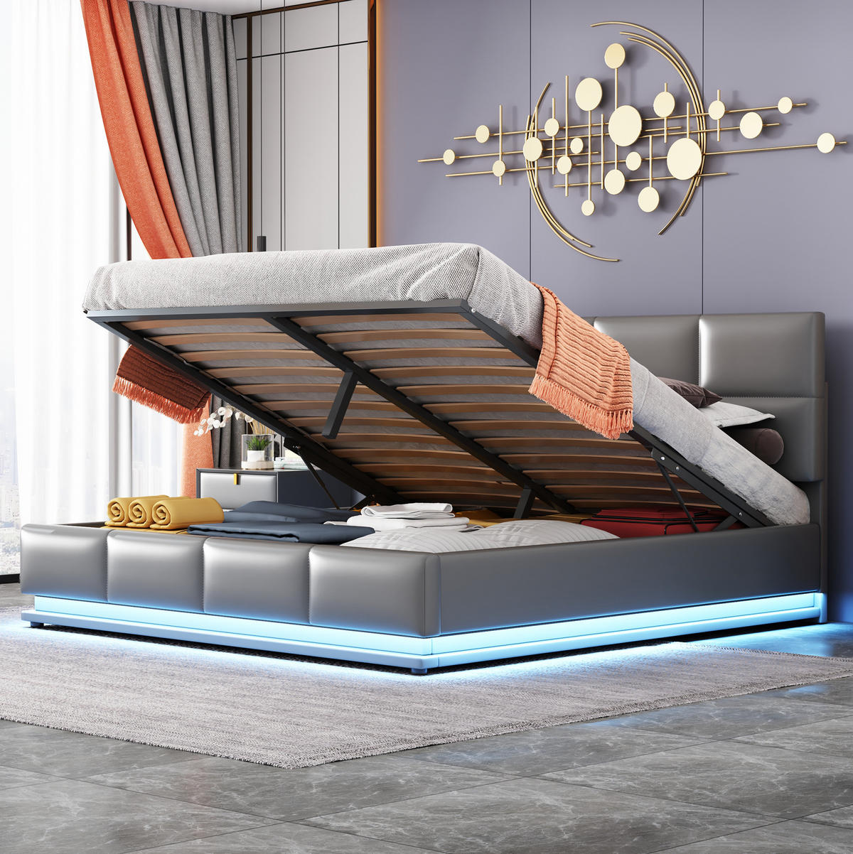 POLSTERBETT 160/200 cm mit LED-Beleuchtung, Metalllattenrost und hydraulischem Bettkasten, Grau - Grau, Textil (160/200cm) - Redom