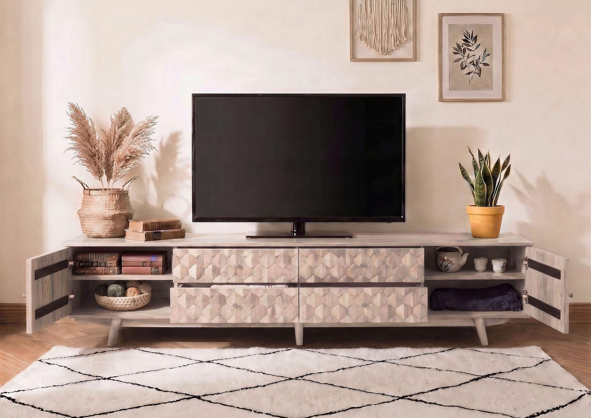 TV-BOARD Akazie 220x40x49 weiß lackiert MOSAYK #220 - Weiß, Holz (220/49/40cm) - Massivmoebel24