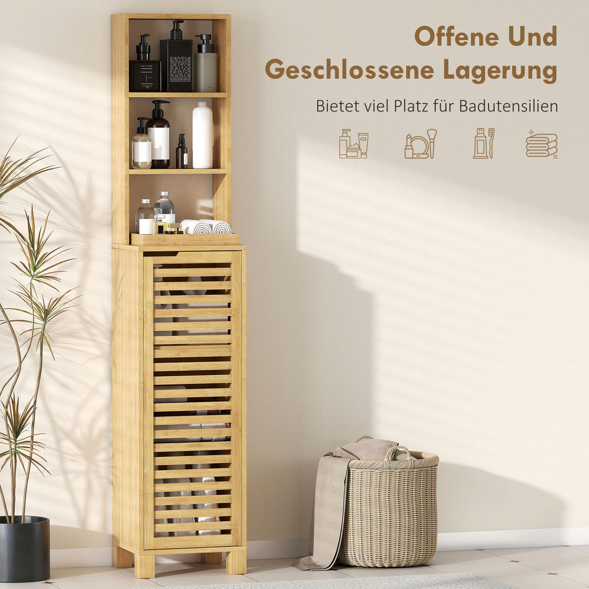 BADEZIMMERSCHRANK schmal, Hochschrank Toilettenschrank mit 3 offenen Regalen - Naturfarben, Naturmaterialien/Bambusholz (30/170/34cm) - HOMCOM