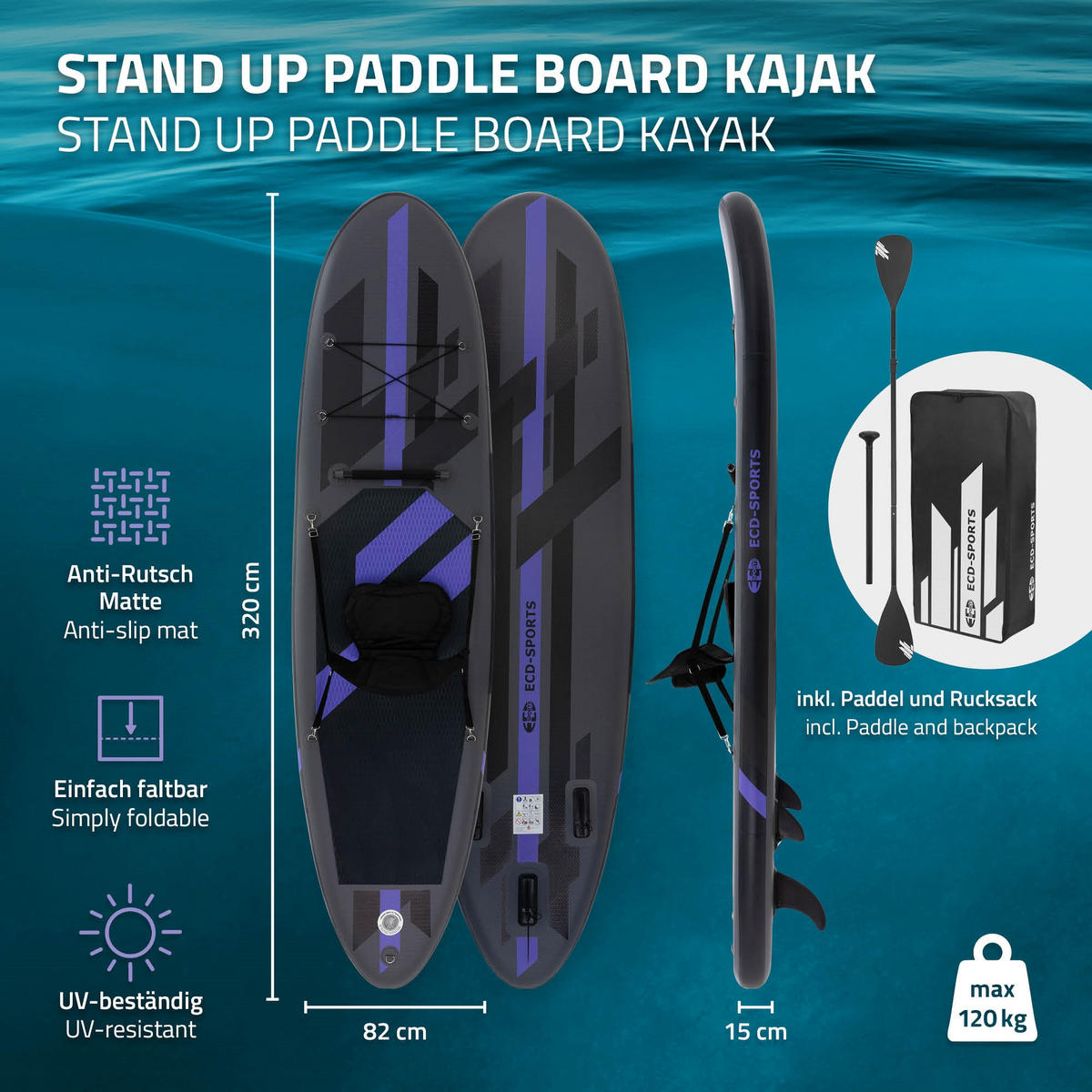 STAND UP PADDLE BOARD Kajak Schwarz - Schwarz, Kunststoff (320/82/15cm) - ECD-Germany