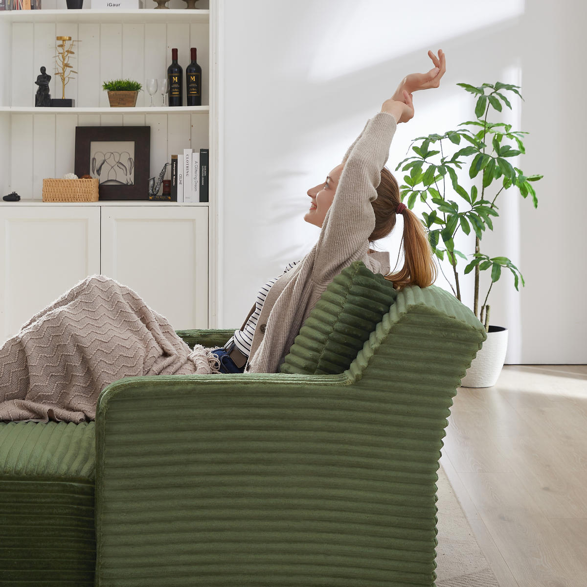 SOFA Cord Grün als Relaxsessel und Schlafsofa - Grün, Textil (100/82/166cm) - WISHDOR