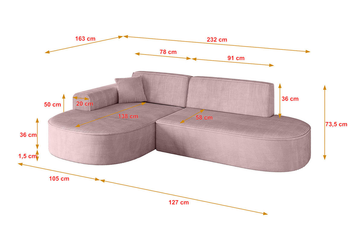 ECKSOFA Ottomane Links MARI-L1 - 232x163x73,5 cm Rosa Cord - Schwarz/Rosa, Holzwerkstoff/Kunststoff (163/234cm) - ALTDECOR
