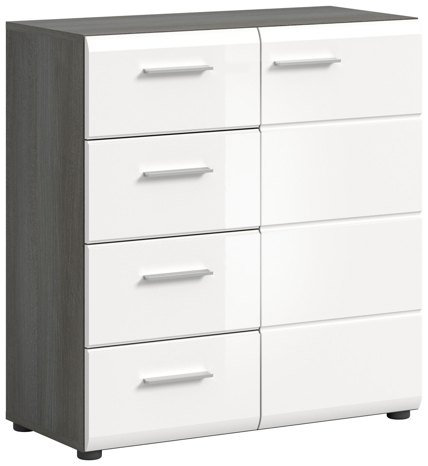 KOMMODE weiß Hochglanz, grau 80 cm, Sideboard mit Schubkästen - Weiß Hochglanz/Silberfarben, Holzwerkstoff/Kunststoff (75/85/37cm) - Inn.Furn