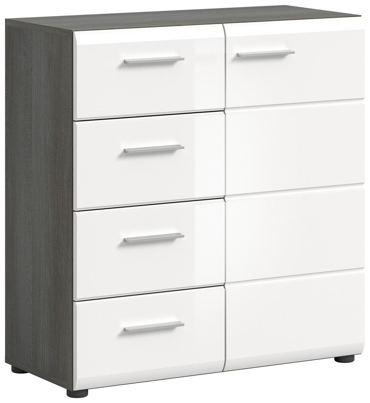 KOMMODE weiß Hochglanz, grau 80 cm, Sideboard mit Schubkästen - Weiß Hochglanz/Silberfarben, Holzwerkstoff/Kunststoff (75/85/37cm) - Inn.Furn