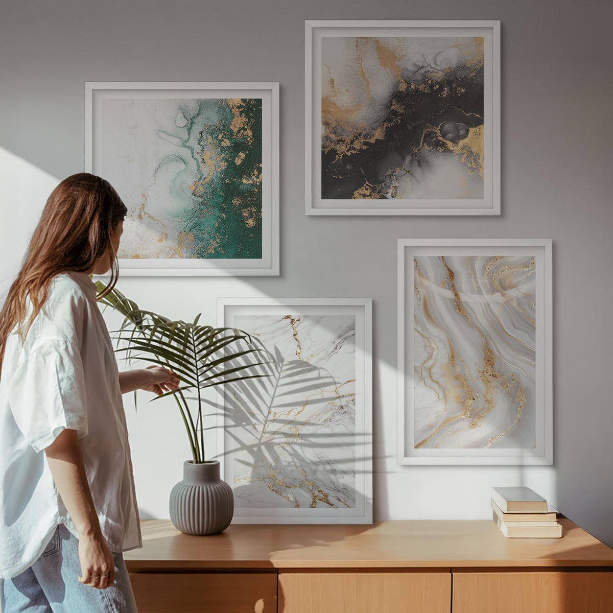 WANDBILDER 4er-Set - 50x50 cm & 40x60 cm Weißer Rahmen - Abstrakte Muster weiß schwarz grün - Weiß, Kunststoff (50/50cm) - ArtPrintCave