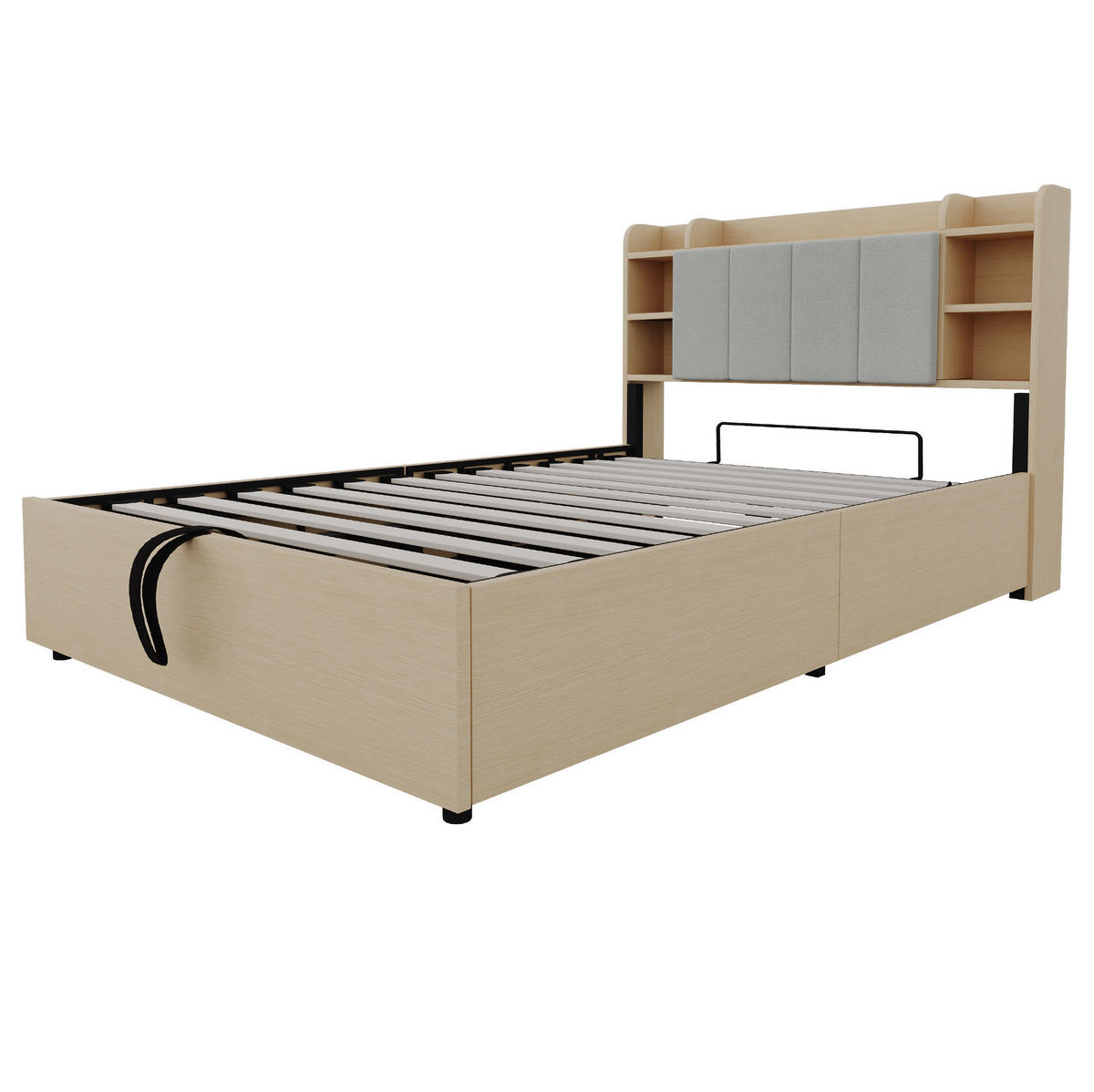 BETT aus MDF 140x200 cm Naturholz mit hydraulischem Stauraum, Kopfteilfächern und USB-C-Anschluss - Naturfarben, Holzwerkstoff (140/200cm) - IVMEU