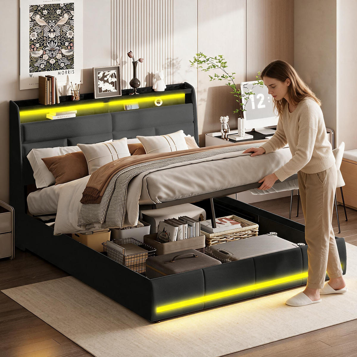 POLSTERBETT 140/200 cm mit Ablagekopfteil, RGB-LED-Beleuchtung am Kopfteil und am Fußende, Lederlook-Bezug - Schwarz, Holz/Metall (140/200cm) - Joyfair